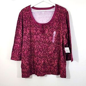 St. John's Bay Night Burgandy Print plus size top all cotton size 3X NWT